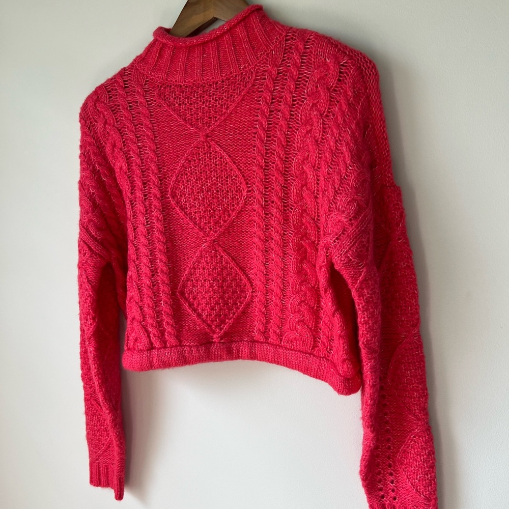 Sanctuary Cable Knit Cropped Sweater Sz S Neon Pink Mock Neck Stretch Sweater - Picture 4 of 13